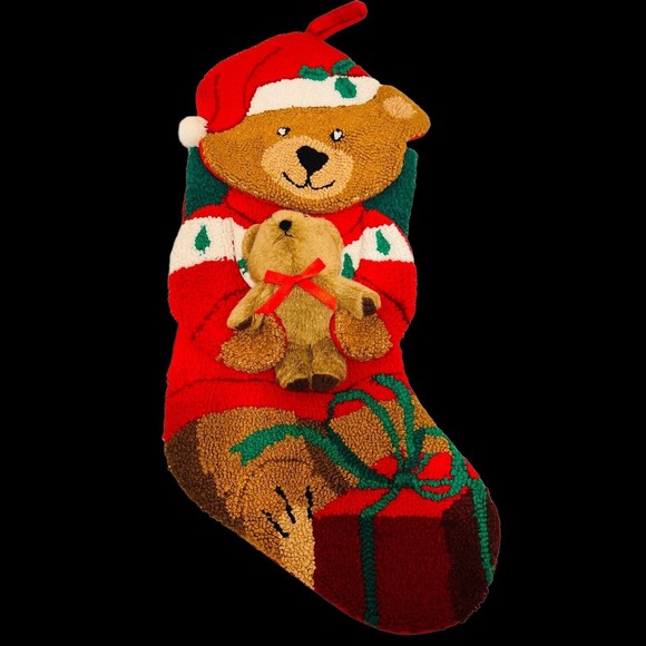 Crystal Snow completed Needlepoint Christmas Stocking Vtg holiday Teddy bear - Picture 12 of 12